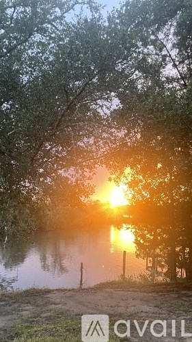 A sunset view with a lake and trees.