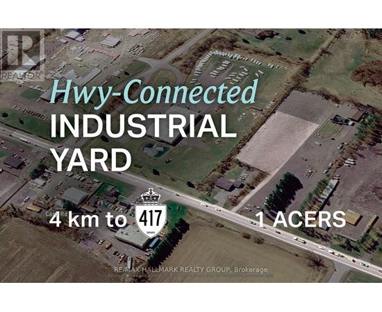 An aerial view of a property with the text "Hwy-Connected INDUSTRIAL YARD" and "4 km to 417" on it.