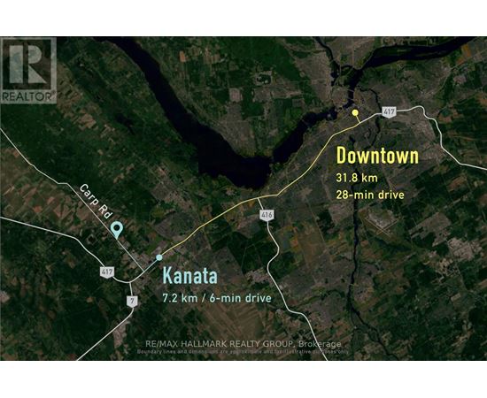 A map shows the distance and driving time between Kanata and Downtown.