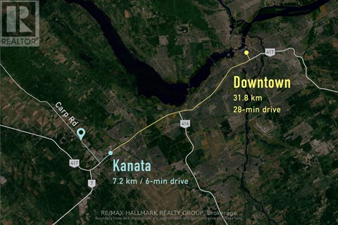 A map shows the distance and driving time between Kanata and Downtown.