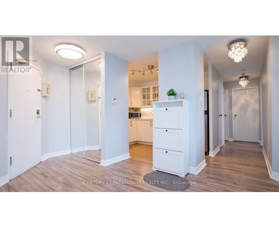 A white kitchen with wood floors and a white cabinet with a plant on top.