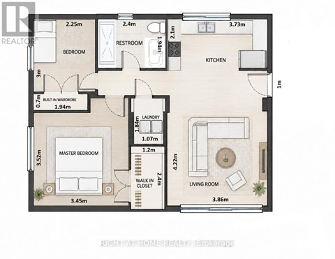 A floor plan of a house with a living room, kitchen, and two bedrooms.