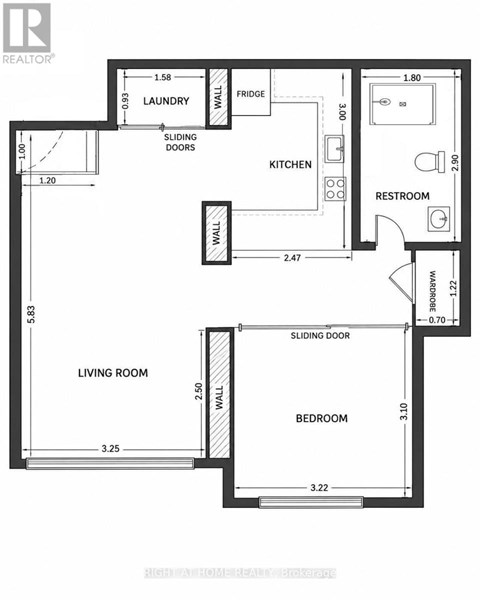 A floor plan of a small apartment with a living room, bedroom, kitchen, and bathroom.