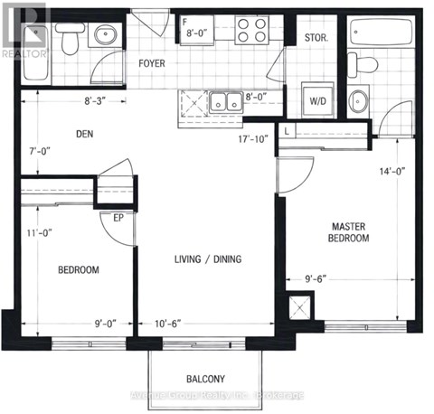 A black and white floor plan of an apartment with a living room, dining room, kitchen, and two bedrooms.