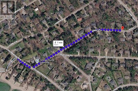 A map with a blue dotted line and a red marker indicating a route.