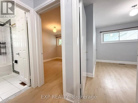 A bathroom with a walk-in shower and a wooden floor.