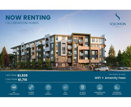 Apartment complex advertisement for rent, highlighting amenities and prices.