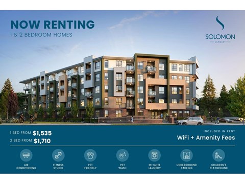 Apartment complex advertisement for rent, highlighting amenities and prices.