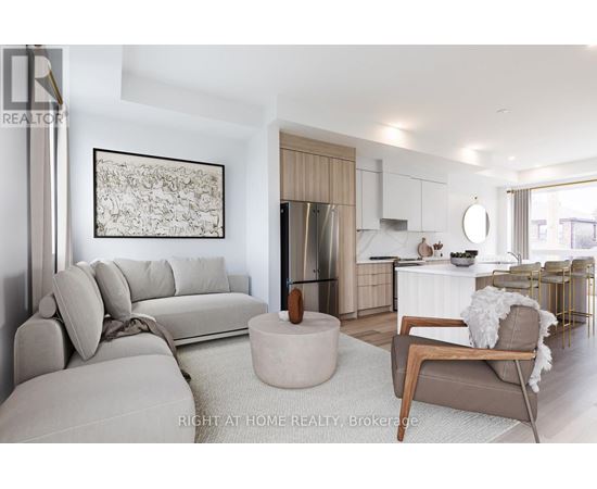 A modern living room with a grey sofa and a wooden coffee table.