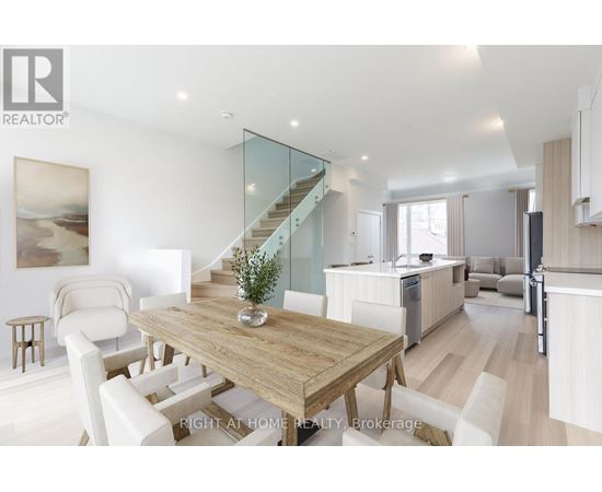A modern dining room with a wooden table and white chairs.