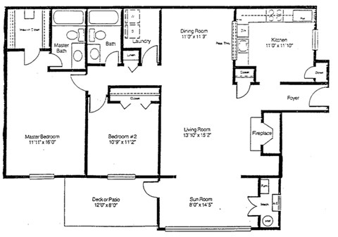 A floor plan of a house with a living room, dining room, kitchen, and three bedrooms.