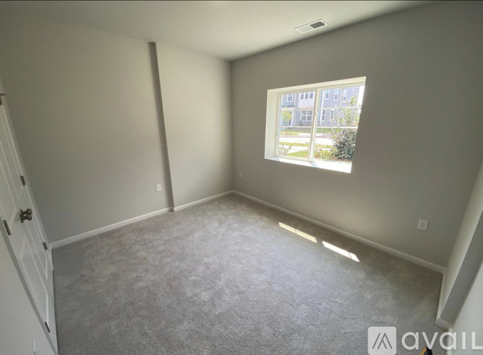 A room with a carpeted floor and a window letting in sunlight.