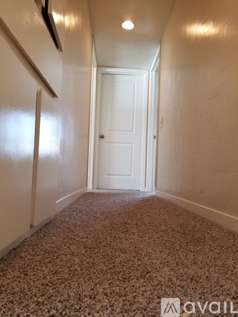 A hallway with a carpeted floor and a white door.