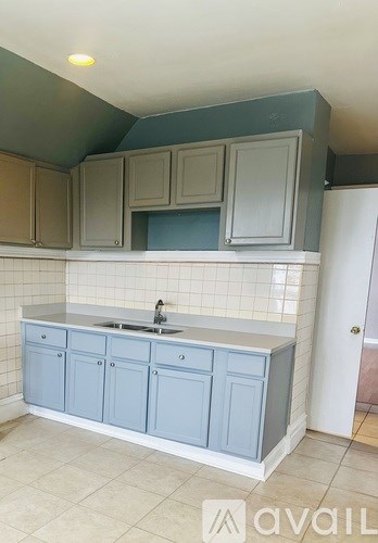A kitchen with blue cabinets and a white sink.