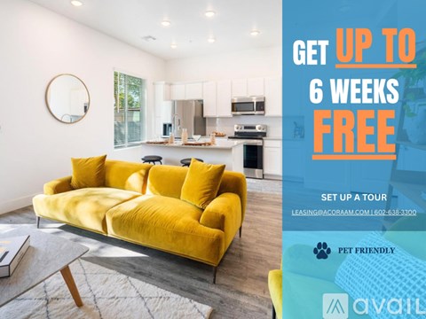 A bright living room with a yellow sofa and a sign offering up to 6 weeks free.