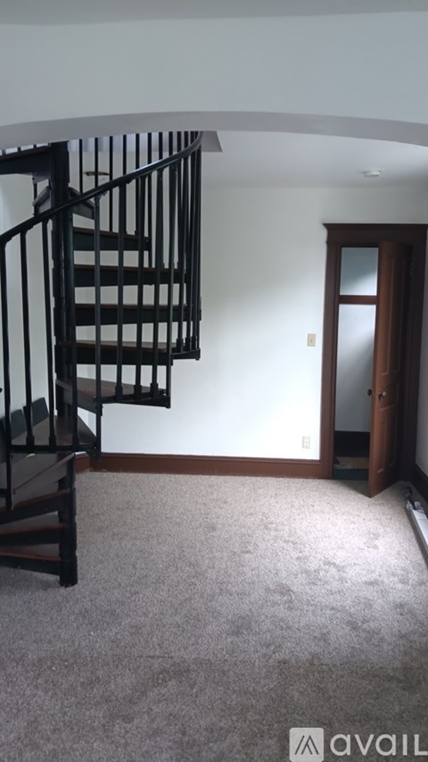 A carpeted room with a spiral staircase and a door.