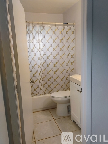 A bathroom with a toilet, a shower curtain and a cabinet.