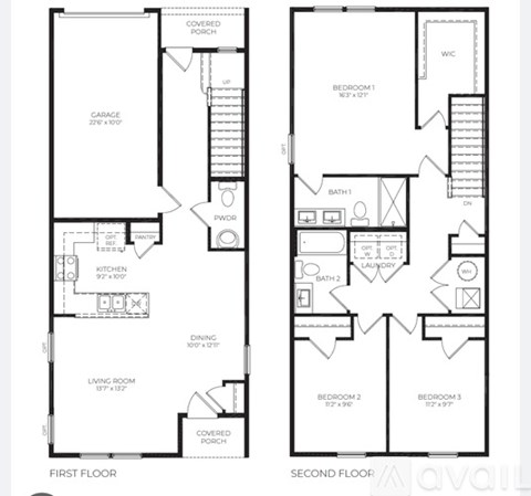 A black and white image of a two-story house floor plan.