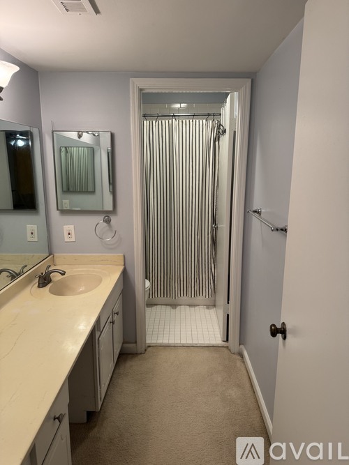 A bathroom with a sink, mirror, and shower.