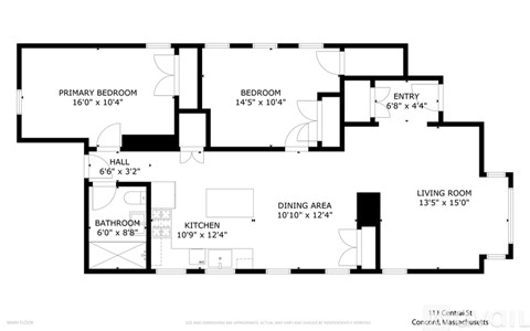 A floor plan of a house with a living room, dining area, kitchen, bathroom, and two bedrooms.