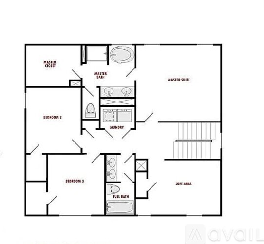 A floor plan of a home with a master suite and two bedrooms.