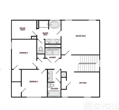 A floor plan of a home with a master suite and two bedrooms.