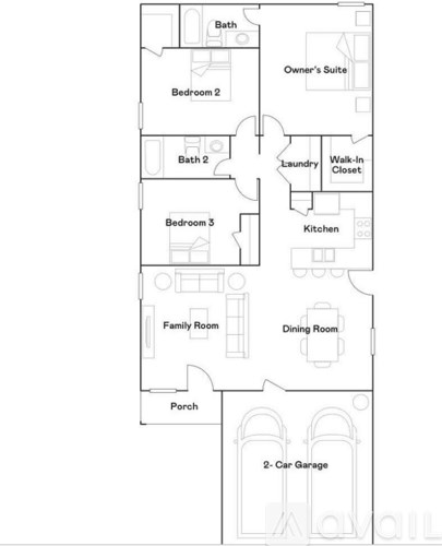 A floor plan of a house with labeled rooms such as Bathroom 2, Dining Room, and Kitchen.