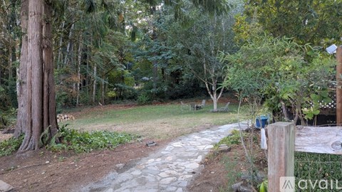 A backyard with a hot tub, a potted plant, and a wooden deck.