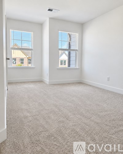 A room with two windows and a carpeted floor.