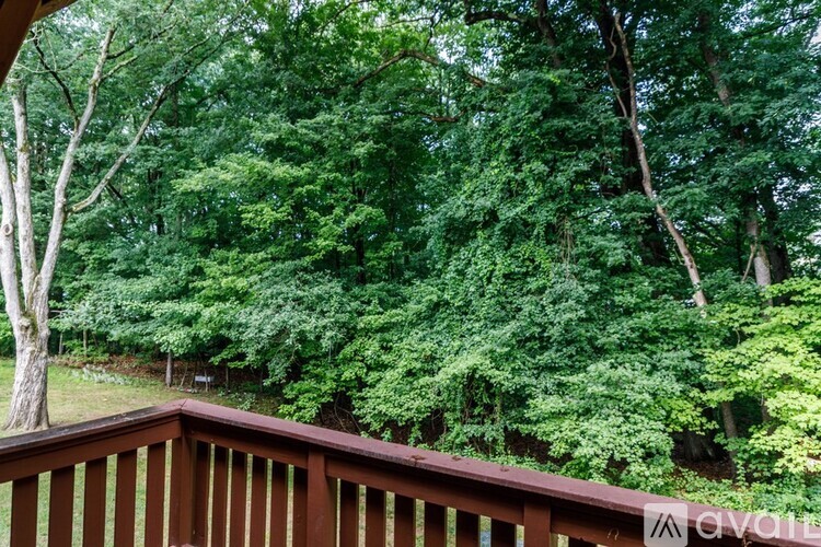 A wooden deck overlooks a lush green forest.