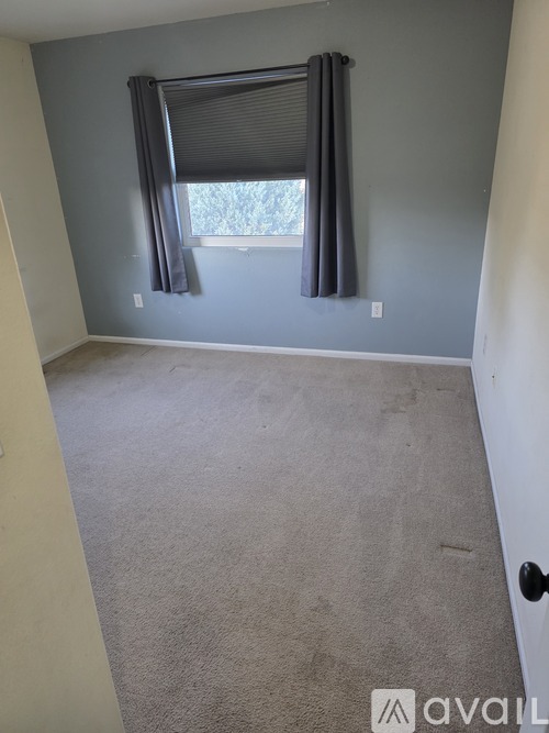 A room with a carpeted floor and a window with black curtains.