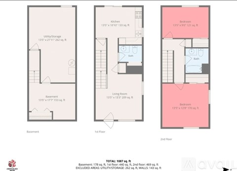 A floor plan of a two-story house with a basement, kitchen, bathrooms, and two bedrooms.