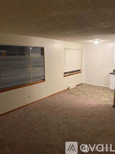 A room with a carpeted floor and a window with blinds.