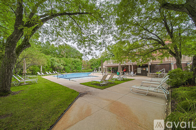 A pool area with sun loungers and trees.