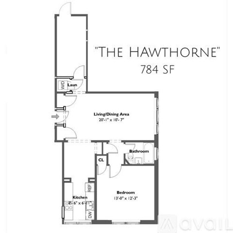 A floor plan for an apartment at "The Hawthorne" building.