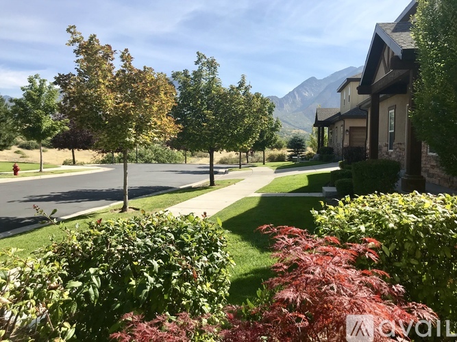 A residential street with houses and trees.