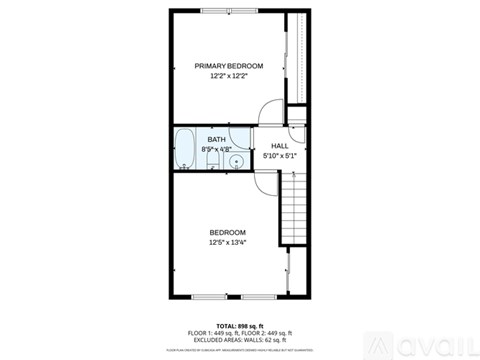 A floor plan for a small apartment with a primary bedroom, bath, and bedroom.