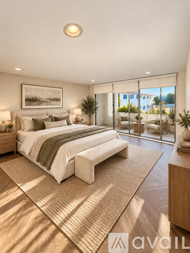 A bedroom with a large bed and a painting on the wall.
