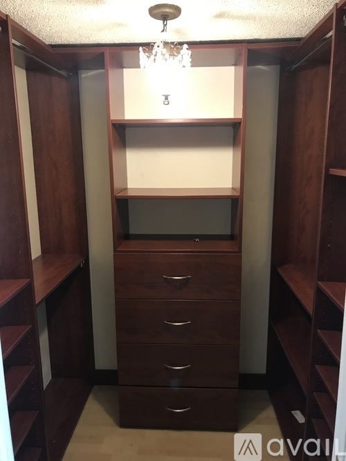 Closet with shelves and drawers with a chandelier hanging from the ceiling.