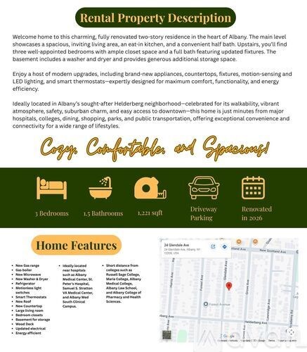 A rental property description for a two-story residence in Albany, featuring a spacious living area, a full bath, and modern appliances.