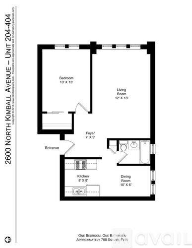 A floor plan of an apartment at 2600 North Kimball Avenue shows a one bedroom, one bathroom apartment with an approximate 708 square feet.