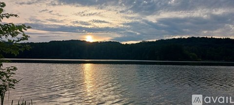 A lake with a sunset in the background and a forest of trees.
