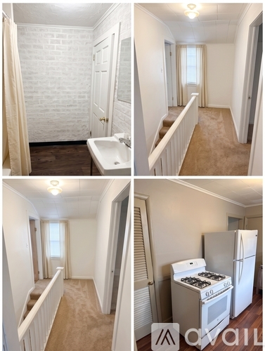 A series of four images showing a bathroom, hallway, kitchen, and bedroom.