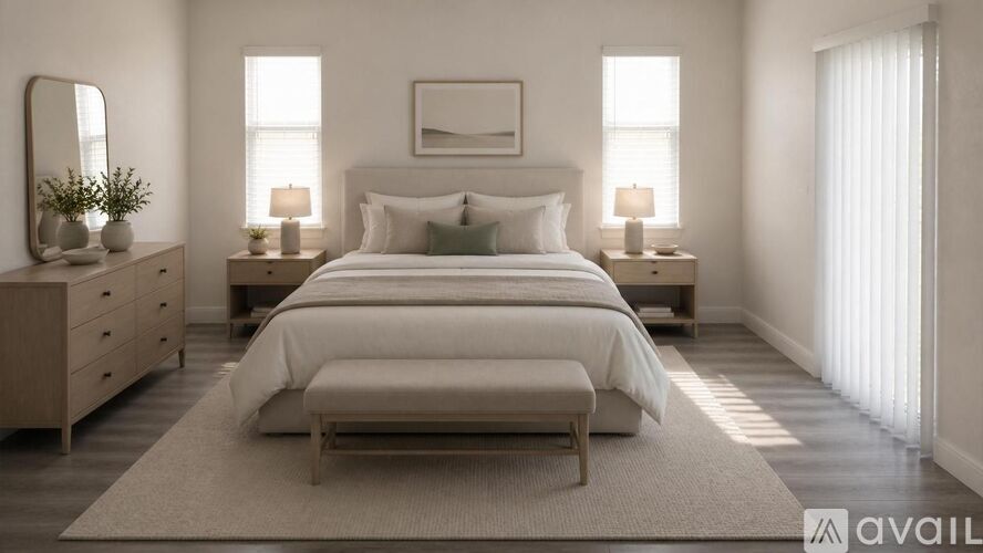 A bedroom with a large bed, a dresser, and a mirror.