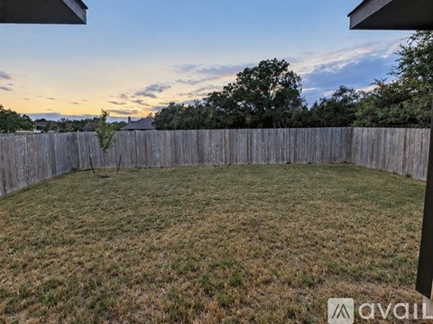 A backyard with a wooden fence and a grassy field.