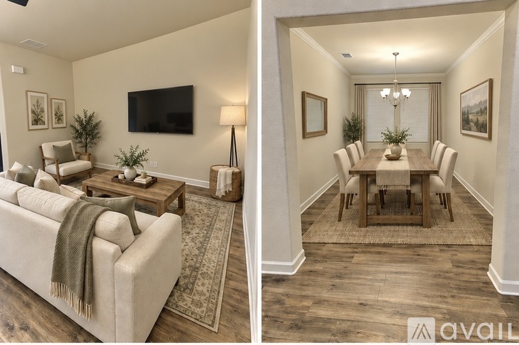 A living room and dining room with a couch, coffee table, and chairs.