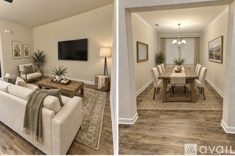 A living room and dining room with a couch, coffee table, and chairs.