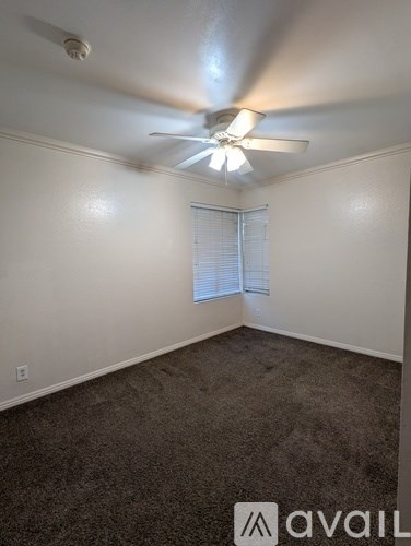 A room with a ceiling fan and carpeted floor.