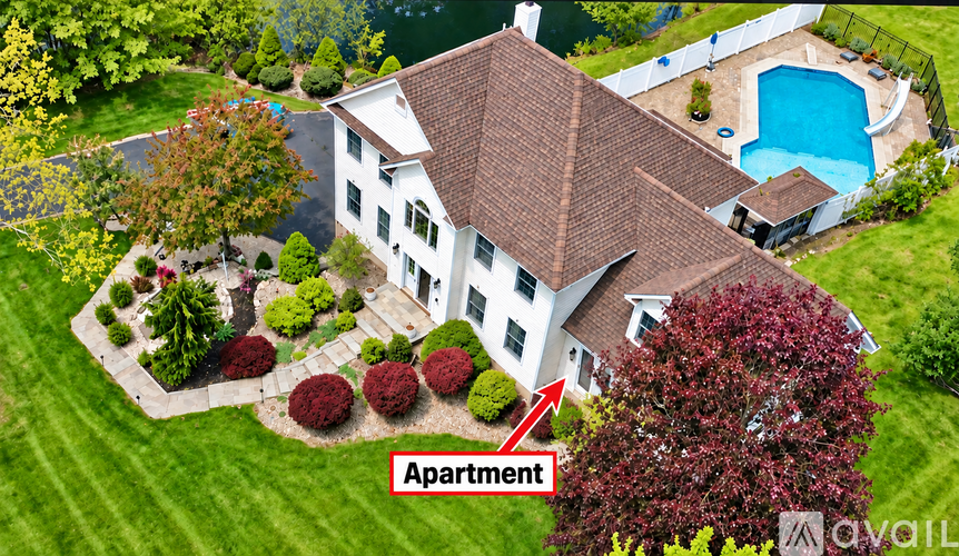A large house with a pool and a red arrow pointing to the word Apartment.