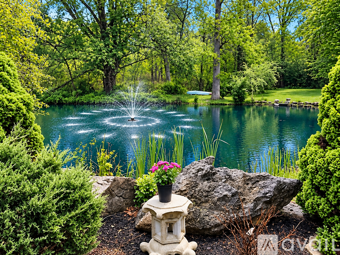 A fountain in the middle of a pond surrounded by rocks and plants.